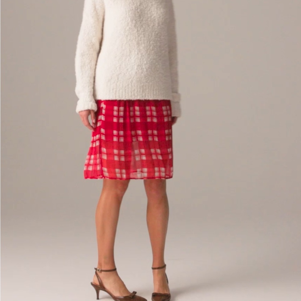 NWT J Crew red check chiffon knee length skirt - Picture 4 of 8